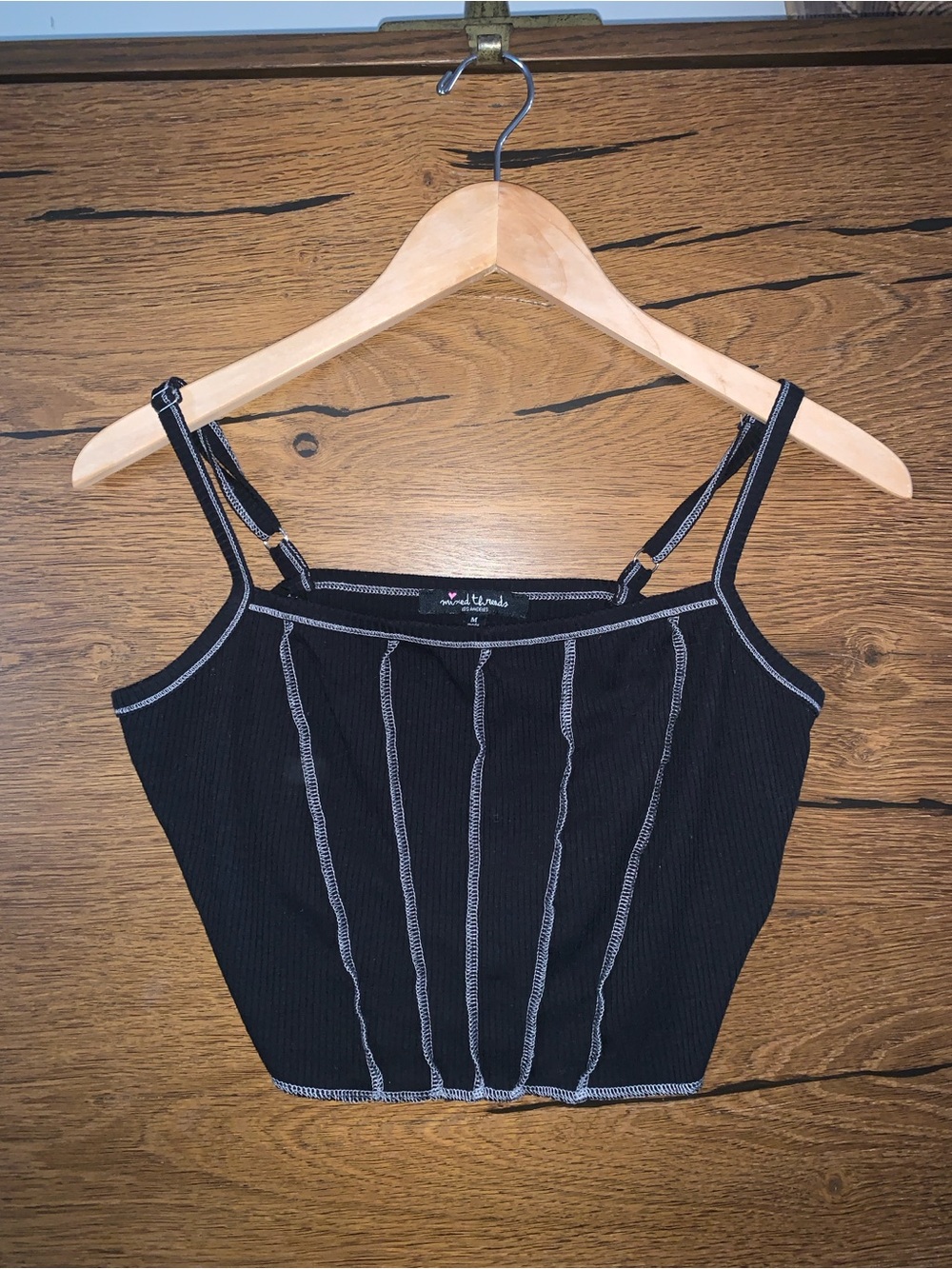 Mixed Threads Black Ribbed Crop Tank with White Contrast Stitching